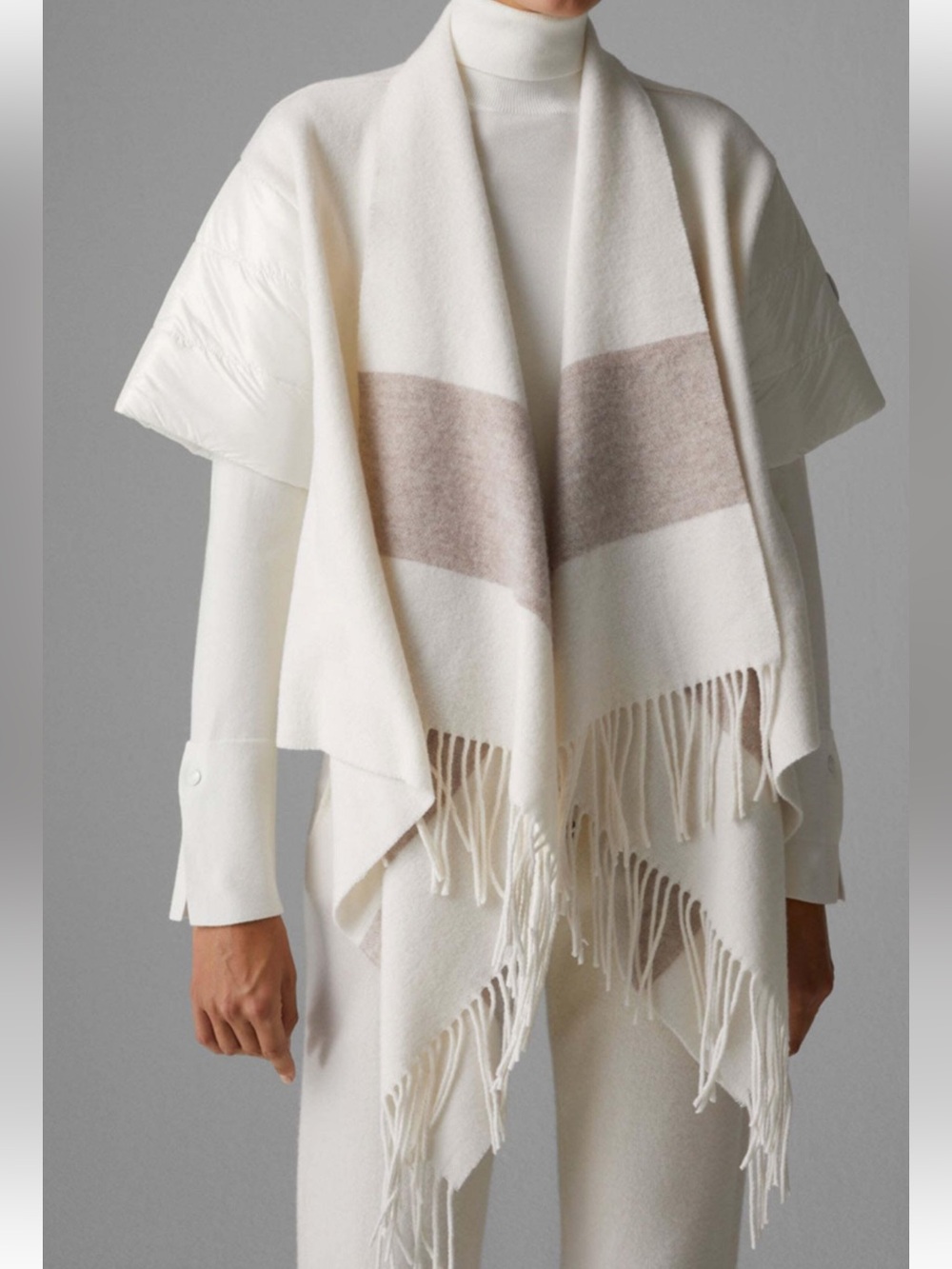 Bogner Off White and Tan Nica Fringe Wool Wrap Cardigan One Size